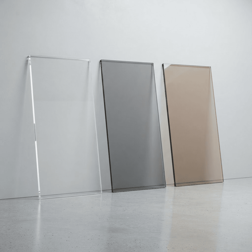 Three pristine solid Poly-Sky polycarbonate sheets in Clear, Smoky, and Bronze