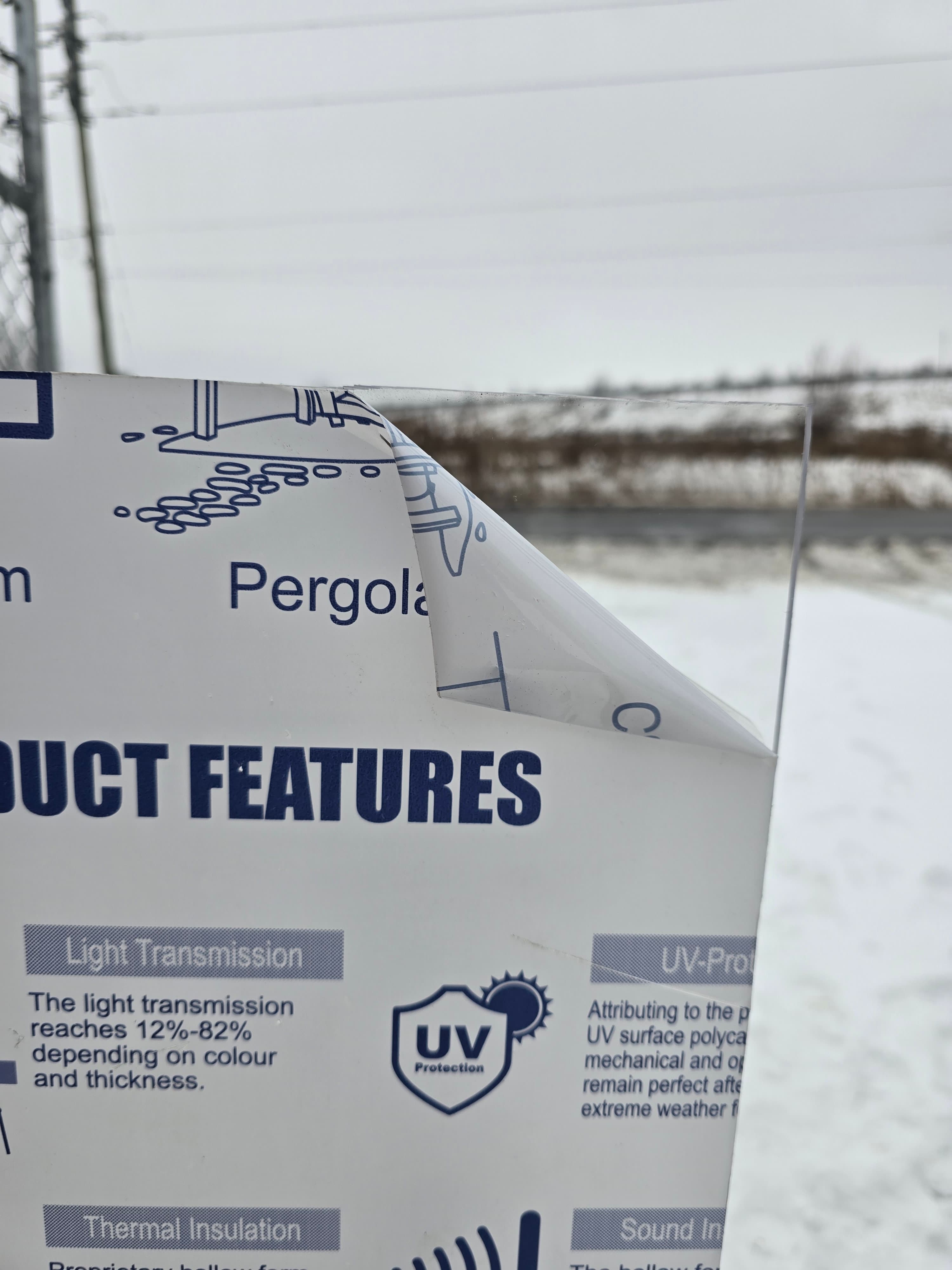 Polycarbonate product features showing UV protection and light transmission specifications