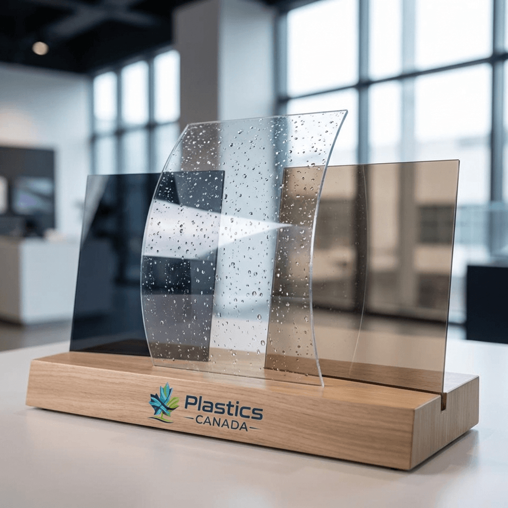 Clear, Smoky, and Bronze polycarbonate sheets on display stand